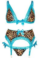 Playful lingerie set, lace trim, bows, garter belt, leopard (pattern)